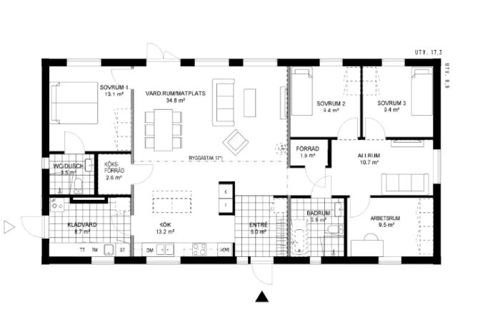 Svartvit ritning av en lägenhetsplan med rumsetiketter och måttangivelser.