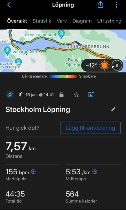 Skärmavbild av löparapp med rutt och statistik över distans, puls, tid, tempo, kaloriförbrukning i Stockholm vid kallt väder.