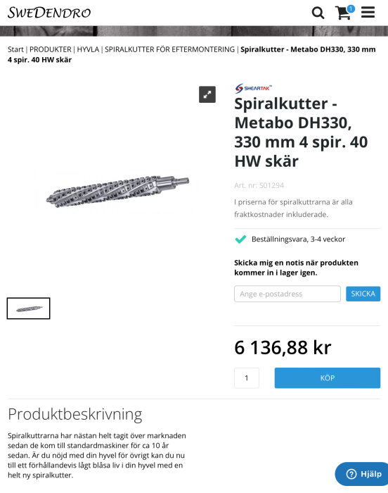 Spiralkutter för hyvelmaskin, Metabo DH330, 330 mm, produktbild och information på webbsida.