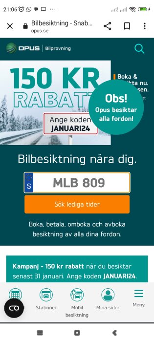 Mobilskärm med Opus Bilprovning webbsida, erbjudande om rabatt för fordonbesiktning, sökfunktion, navigeringsikoner.