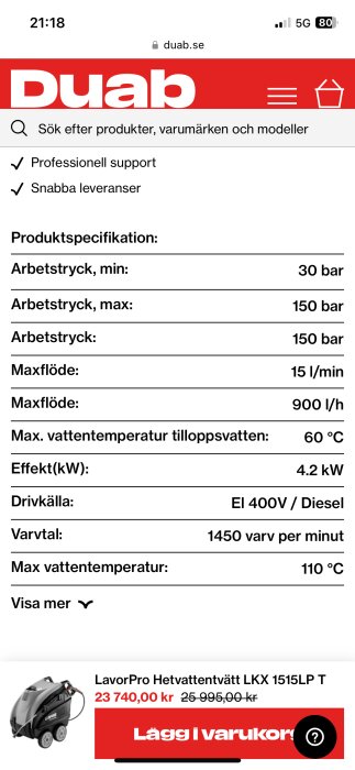 Webbsida med produktspecifikation för LavorPro Hettvattentvätt, erbjudande och köpknapp visas.