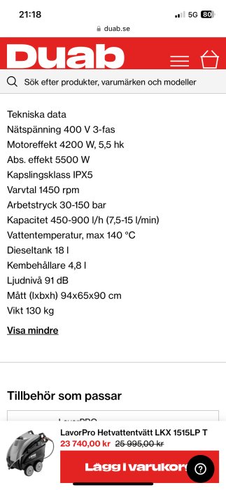 Webbsida som visar tekniska specifikationer för en produkt, prisinformation och köpknapp.