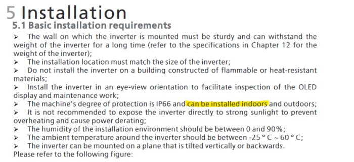 Textdokument om grundläggande installationskrav för en inverter med specifika instruktioner och miljörekommendationer.