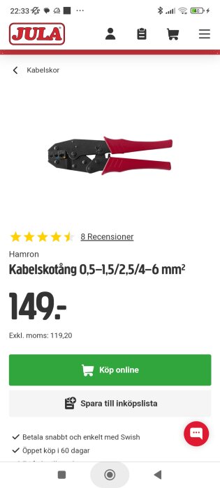 Verktyg för kabelskalning och kabelskor, röda handtag, svart metall, pris 149 SEK, hos Jula, onlineköp.