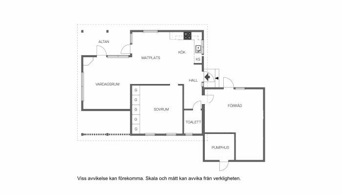 Ritning av ett hus med vardagsrum, kök, sovrum, toalett, förråd och pumphus.