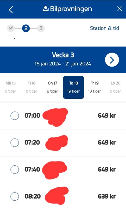 Bokningssida för körtider, vecka 3 2024, olika tider och priser, personlig information redigerad.