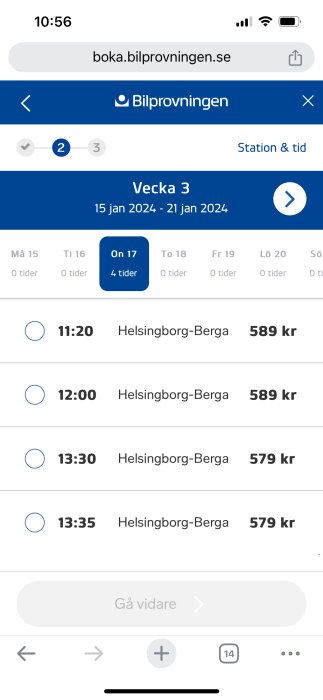 Bokningssida för bilprovningar, val av tid och ort, prissättning, mobil vy, vecka 3 i januari 2024.