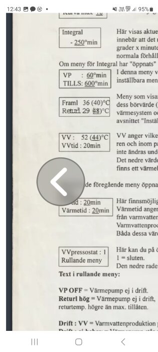 Skärmdump av teknisk handbok eller instruktionsmanual med text och diagram, fokus på värmeinställningar och systemparametrar.