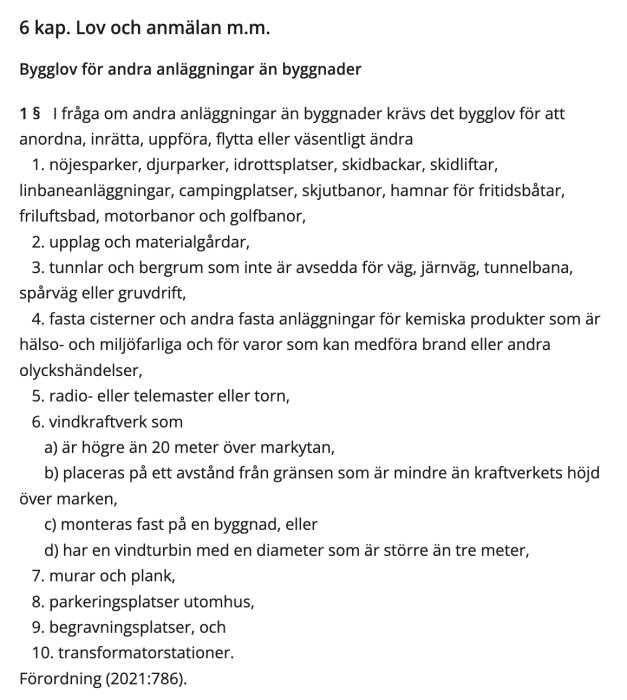 Text in Swedish regarding building permits for non-building structures. Includes amusement parks, radio masts, parking lots.