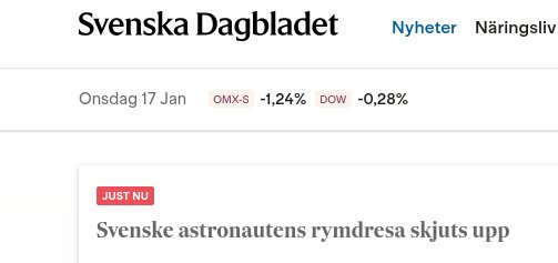 Webbsidans rubrik, nyhetsartikel, aktiemarknadsinformation, "Svenske astronautens rymdresa skjuts upp".