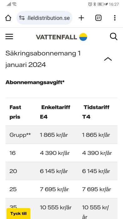 Tabell med elabonnemangspriser på Vattenfall webbplats, anger årsavgifter för olika grupper och tariffer.