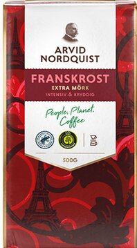 Kaffepaket, Arvid Nordquist, Franskrost, Eiffeltornet, hållbarhetsmärkningar, 500g, röd design.