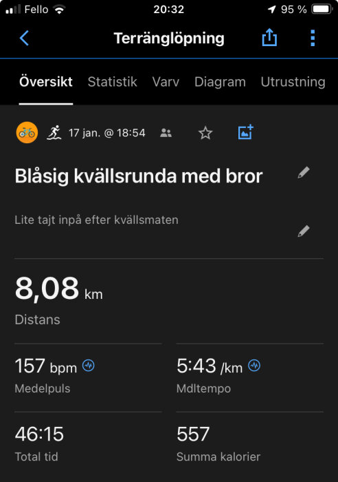 Skärmavbild av träningsapp som visar resultat från en löprunda: distans, tid, puls, tempo, kaloriförbrukning.