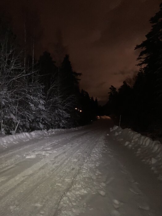 Snötäckt väg om natten, omgiven av träd, med rödaktig himmel och fjärrljus i bakgrunden.