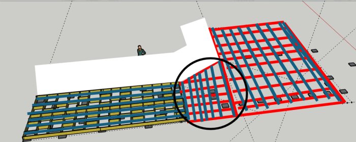 Skiss av arkitektonisk struktur, färgade linjer, perspektiv, parkerade bilar, person, markerat cirkelområde.