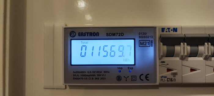 Digital elmätare visar total förbrukning på 11569.7 kWh ovanför säkringskåpets automatsäkringar.