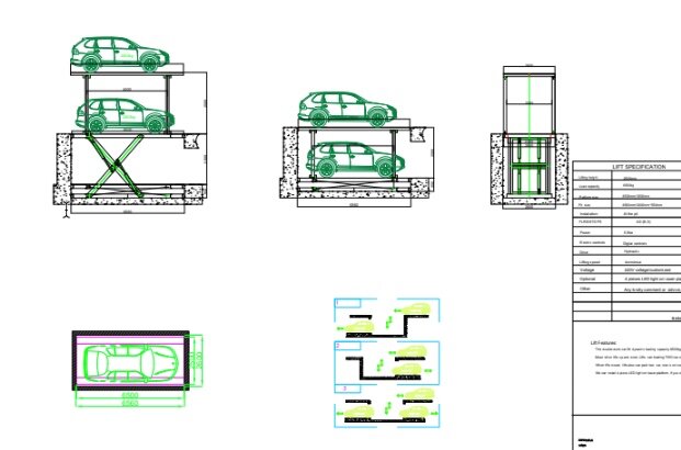 Arkitektritningar av en parkeringshiss för bilar, planvyer och sektioner, tekniska specifikationer.