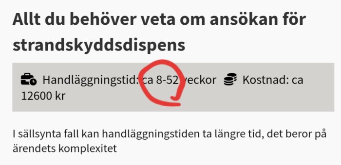 Informationsgrafik om strandskyddsdispensansökan, handläggningstid, kostnad, cirkelmarkerat avsnitt på svenska.