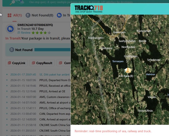 Skärmklipp av ett paketspårningssystem, platssökning på satellitkarta, logghistorik för fraktförflyttning, användargränssnitt.