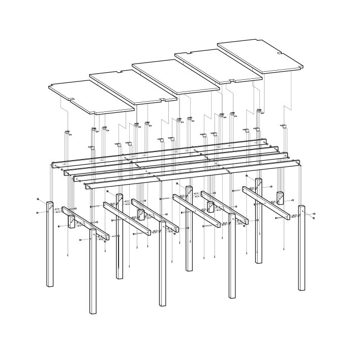 Isometrisk illustration av ett byggnadsställningssystem med detaljerade konstruktionskomponenter och monteringspunkter.