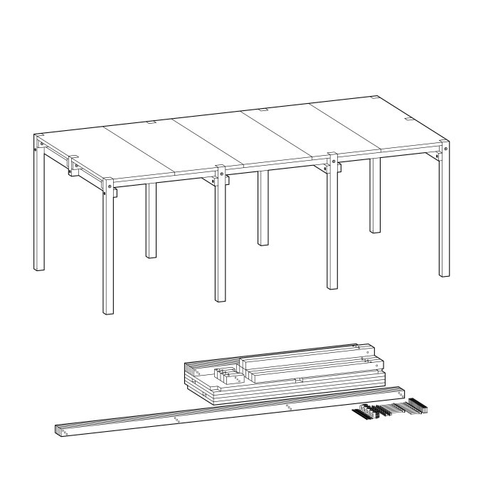 Illustration av monterat bord och dess nedmonterade delar med tillbehör.