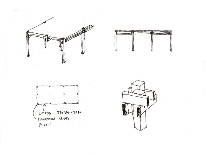 En skiss av konstruktioner och geometriska former med kommentarer och mått på svenska, antagligen design- eller byggteckningar.