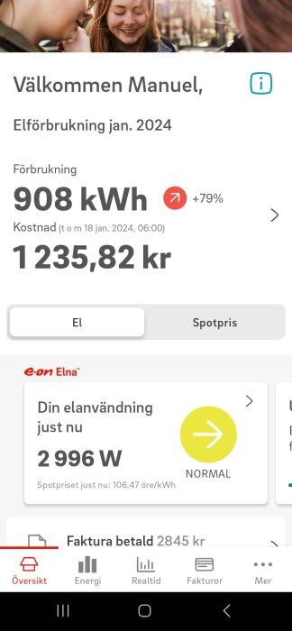 Mobilapp visar elanvändning, kostnad, ökning med 79%, aktuell användning 2996W, betald faktura, användargränssnitt.