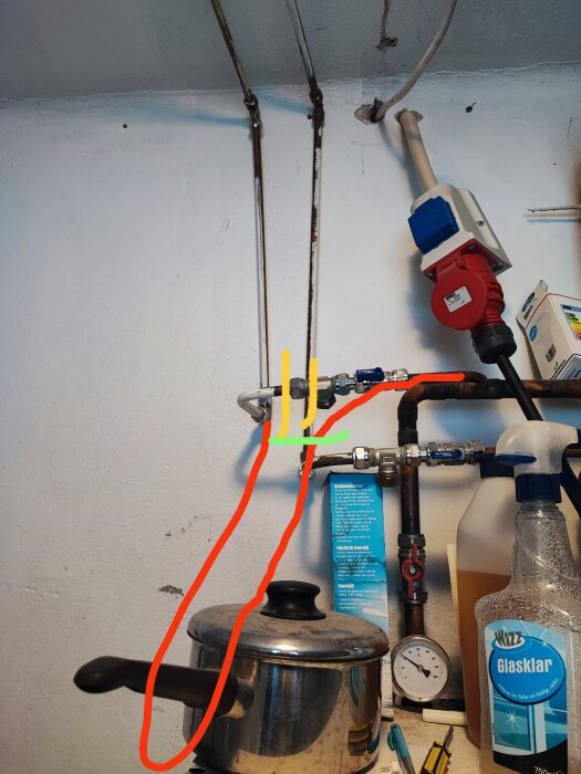 Rörinstallation, tryckmätare, eluttag, kastrull, markeringar i bild, städprodukter, oordnad verkstadsmiljö.