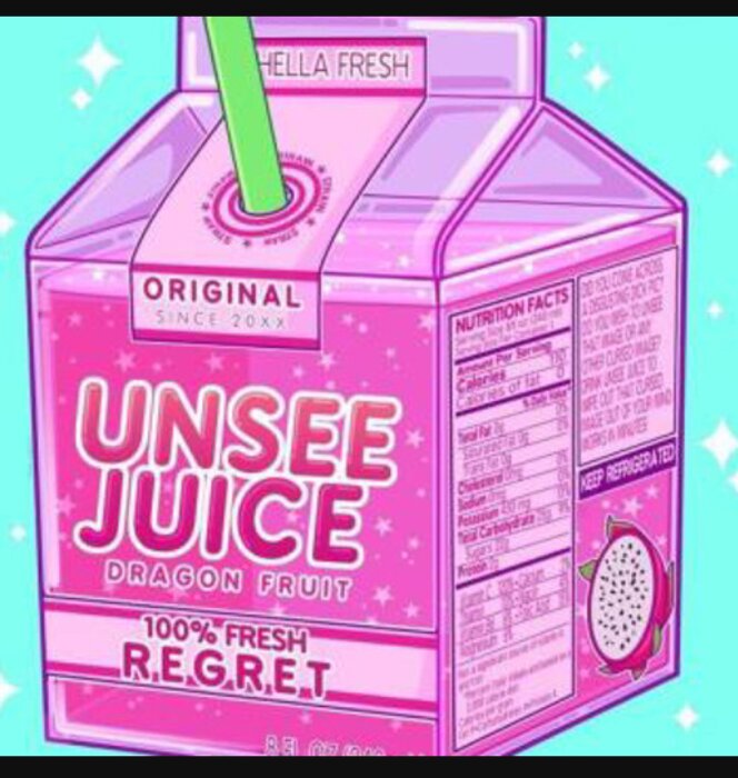 Illustration av rosa "UNSEE JUICE"-juicebox med drakfruktsmak och humoristisk text om "100% FRESH REGRET."