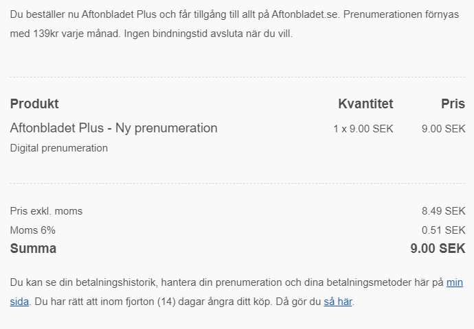 Beställningsbekräftelse för Aftonbladet Plus prenumeration; inget bindningstid, pris och moms specificerade.