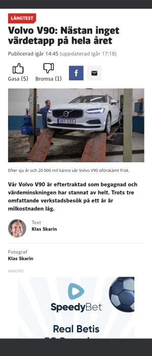 Artikel om Volvo V90:s långtidstest, bilverkstad, liten värdeminskning, skribent och fotograf är Klas Skarin.