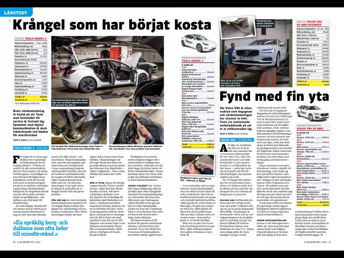 Magasinsartikel om bilservice och underhåll; jämförelse mellan Tesla Model 3 och Volvo V90; bilder på bilar och tekniker.