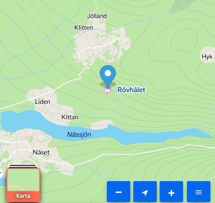 Kartsökningsresultat med blå markör, terräng, sjöar, vägar, ortsnamn "Rövhålet", grön bakgrund, navigationsknappar.