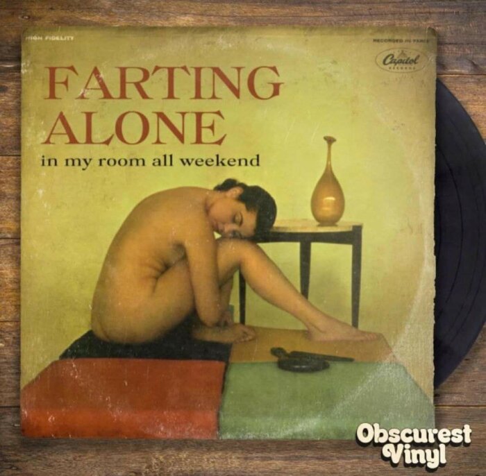 Parodisk skivomslag, "Farting Alone", inklädd person lutar över säng, humoristisk, vinylskiva, vintagestil.