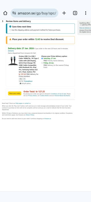 Amazon checkout screen, cable purchase, delivery options, price displayed, countdown for deal discount, Swedish currency.