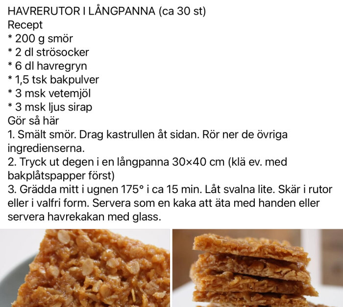 Recept på havrerutor i långpanna, ingredienser och bakinstruktioner visas, bild av färdiga kakor nedtill.