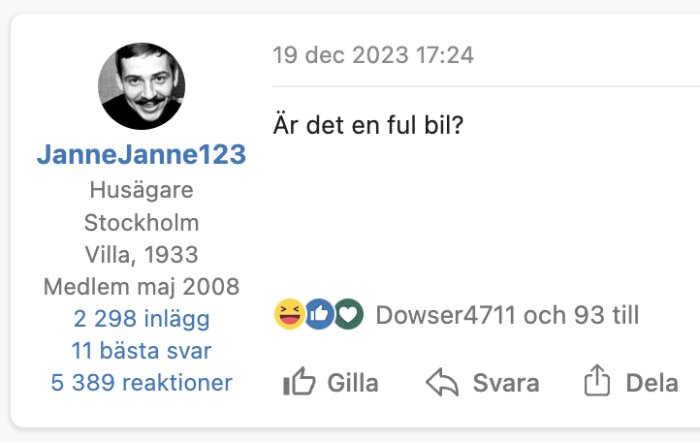 Social media-inlägg, profil, humoristisk fråga om bil, reaktioner och interaktion från andra användare.