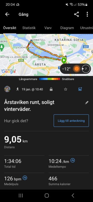 Skärmdump av en aktivitetsapp som visar en promenad runt Årstaviken med distans, tid, puls och kaloriförbränning.
