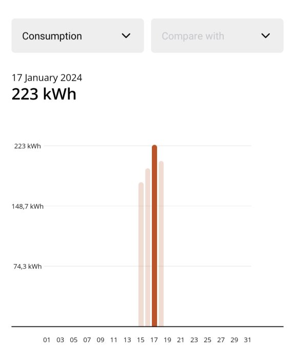 Energikonsumtionsdata, stapeldiagram, daglig kWh-förbrukning över en månad, markerat toppvärde 17 januari.