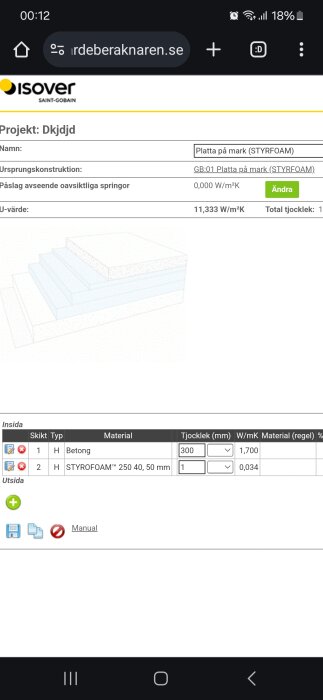 Skärmdump från webbsida visar isoleringsmaterialberäknare, projektinformation, betong och Styrofoam uppbyggnad.