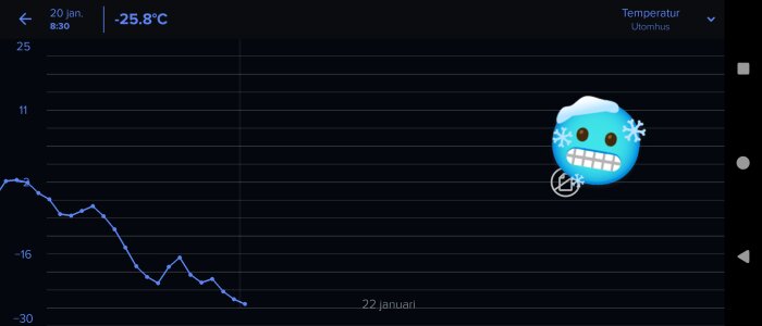 Temperaturgraf visar kylan, markerad vid -25,8°C, animerat frusen emoji, datumet 20 januari.