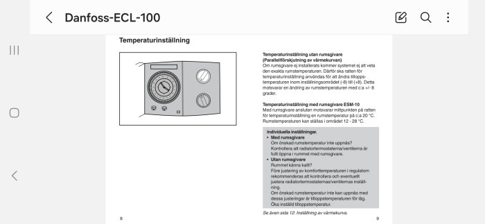 Svensk instruktionsmanual, Danfoss-ECL-100, temperaturinställningsanvisningar, diagram, text, gråskala.