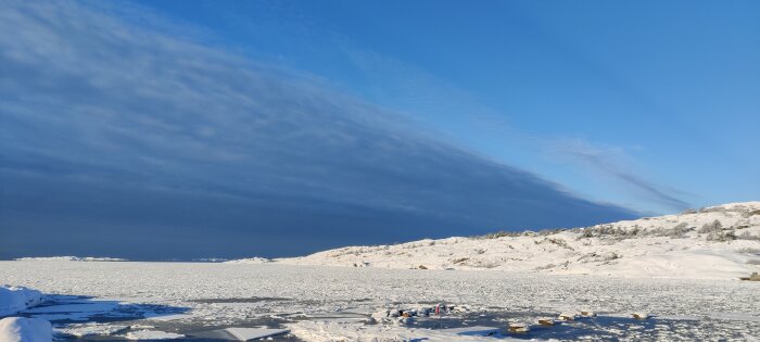 Vinterlandskap med snöklädda klippor, isflak i vattnet, blå himmel och dramatiska moln.