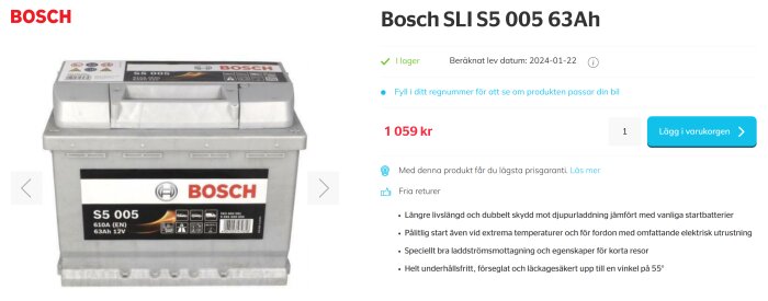 Bild på Bosch bilbatteri S5 005, 63Ah, 610A, 12V, webbutikssida, prisinformation, produktdetaljer.