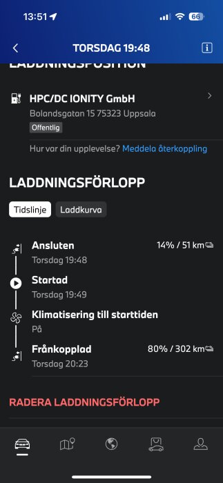 Skärmdump av mobilapp som visar elbilsladdningsförlopp och information om laddstationen.