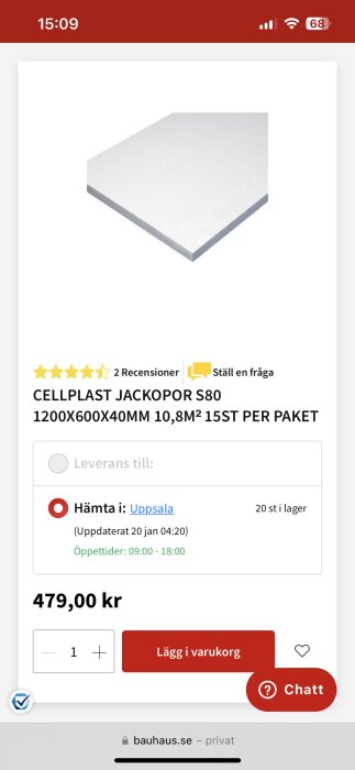 Skärmdump från webbutik som visar cellplastskiva, produktinformation, pris, och köpalternativ.