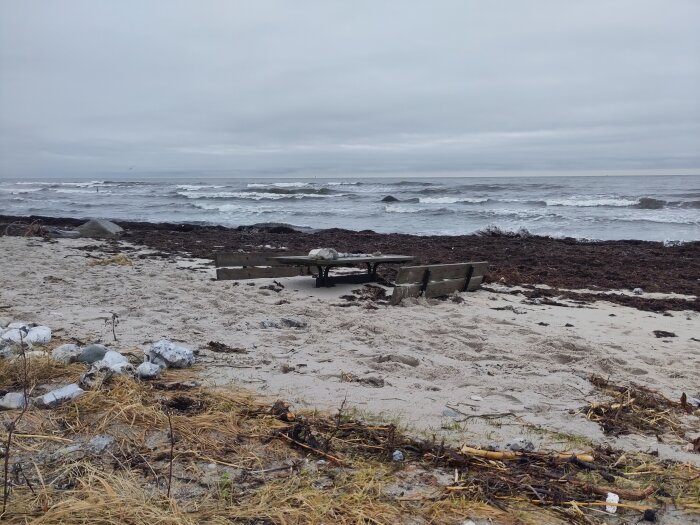 Öde strand, bänk, tång, grå himmel, vågigt hav, inga personer, vinter- eller höstväder, natur, stillhet.