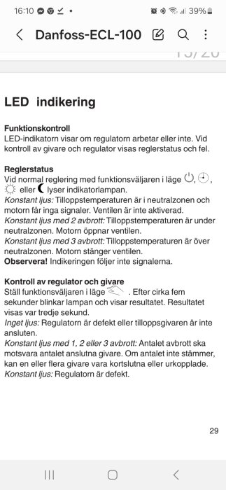 Teknisk manual för Danfoss-regulator, LED-indikering, funktionskontroll och felsökning beskrivs.