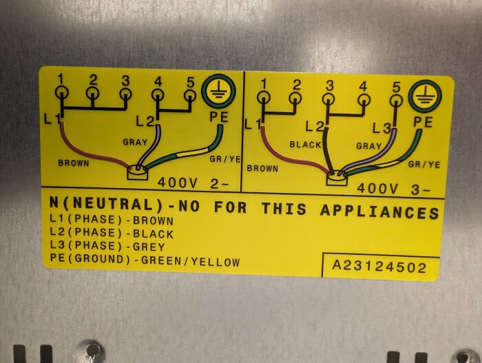 Etikett med ledningsschema för elektrisk anslutning, 400V, faser markerade med färger, ingen neutral ledare tillåten.