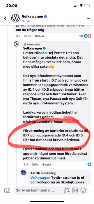 Skärmdump från sociala medier, Volkswagen svarar på en kommentar om infotainmentsystem och batteriförvärmning i bilar.